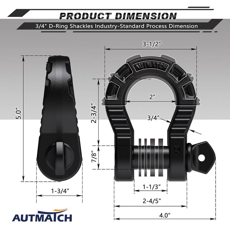 AUTMATCH D Ring الأغلال 3/4 بوصة ميجا تكبل (عبوتان) 68 000 رطل قوة كسر - تكبل Clevis 7/8 بوصة لولبية D تكبل عازل ومجموعة غسالة لحزام السحب ونش استعادة المركبات على الطرق الوعرة، أسود بلوري - Image 3